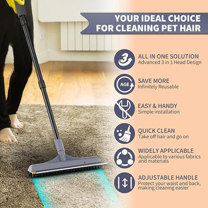 3 in 1 Carpet rake Kit for Pet Hair Removal Tool - Reusable Pet Hair Remover Broom w 58" Adjustable Long Handle, Dog &amp; Cat Carpet Scraper, Pet Hair Remover for Rugs, Mats, Couch, Curtains(Gray)