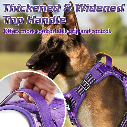 rabbitgoo Tactical Dog Harness for Large Dogs, No Pull Military Service Vest with Handle &amp; Molle, Easy Control for Training Walking, Adjustable Reflective Straps, Purple Camo, L