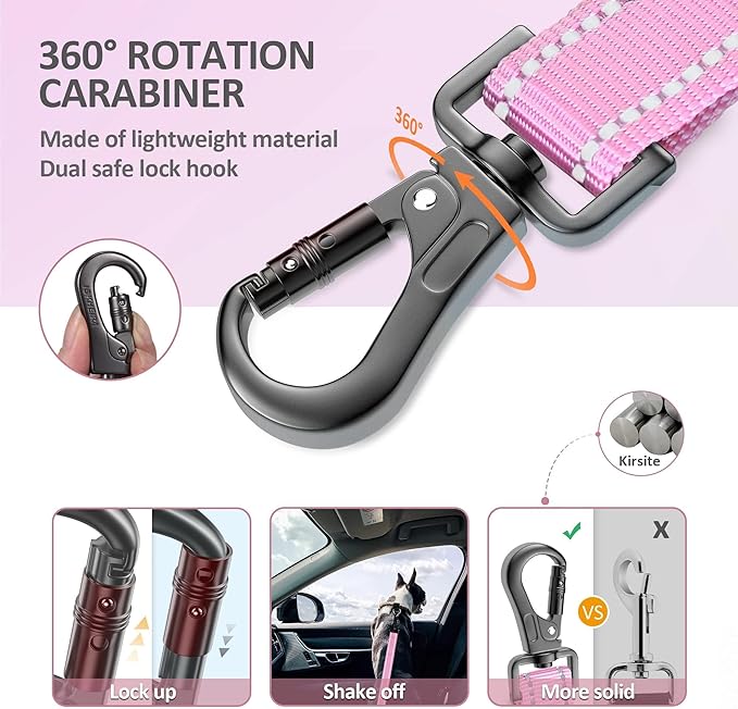 IOKHEIRA Dog Seat Belt 3-in-1 Car Harness for Dogs Adjustable Safety Seatbelt for Car Nylon Reflective Bungee Fabric Dog Car Harness with Clip Hook Latch &amp; Buckle, Swivel Zinc Alloy Carabiner (Pink)