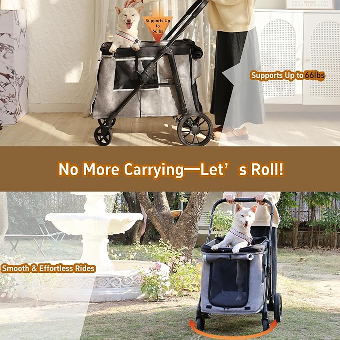 Medium Dog Stroller for Small to Large Dogs 4 Wheels Multi Pet Stroller for 4 Dogs Holds Up to 66lbs, One-Click Folding&amp;Smooth Tires&amp;Sunshade &amp; Storage Basket (Gray, Medium)
