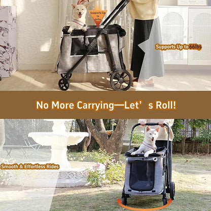 Medium Dog Stroller for Small to Large Dogs 4 Wheels Multi Pet Stroller for 4 Dogs Holds Up to 66lbs, One-Click Folding&amp;Smooth Tires&amp;Sunshade &amp; Storage Basket (Gray, Medium)