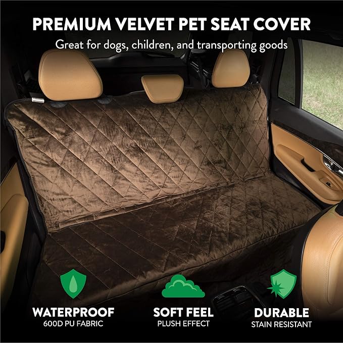 Plush Paws Products Velvet Rear Car Seat Protector w/Hammock | Washable &amp; Waterproof Back Seat Dog Cover for Car, Truck, &amp; SUV | Nonslip, Tear Resistant Pet Seat Cover | X-Large Chocolate