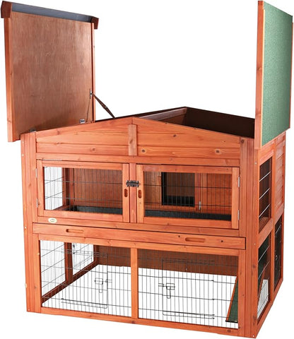 TRIXIE natura Outdoor Deluxe Rabbit Hutch with Run - Large 2-Story Rabbit Cage with Non-Slip Ramp - Elevated Small Animal House with Secure Playpen, Hinged Roof &amp; Two Pull-Out Trays - in Natural