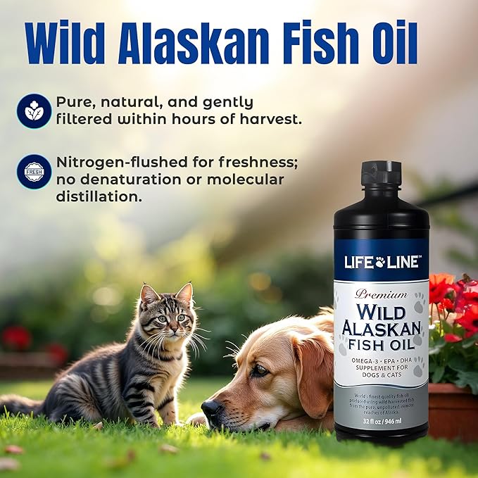 Life Line Pet Nutrition Wild Alaskan Fish Oil for Dogs and Cats 32oz – Omega 3 Fish Oil Supplement for Skin &amp; Coat – Supports Brain, Eye &amp; Heart Health in Dogs &amp; Cats
