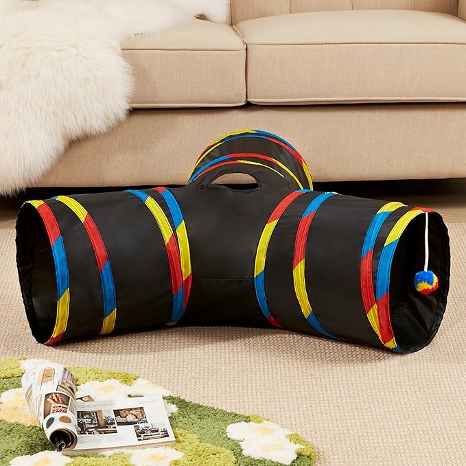 Tempcore 3 Way Collapsible Cat Tube Toys, Kitty Tunnel with Peek Hole Toy Ball, Black &amp; Rainbow