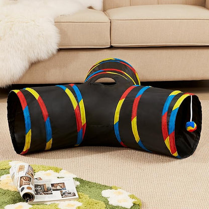 Tempcore 3 Way Collapsible Cat Tube Toys, Kitty Tunnel with Peek Hole Toy Ball, Black &amp; Rainbow