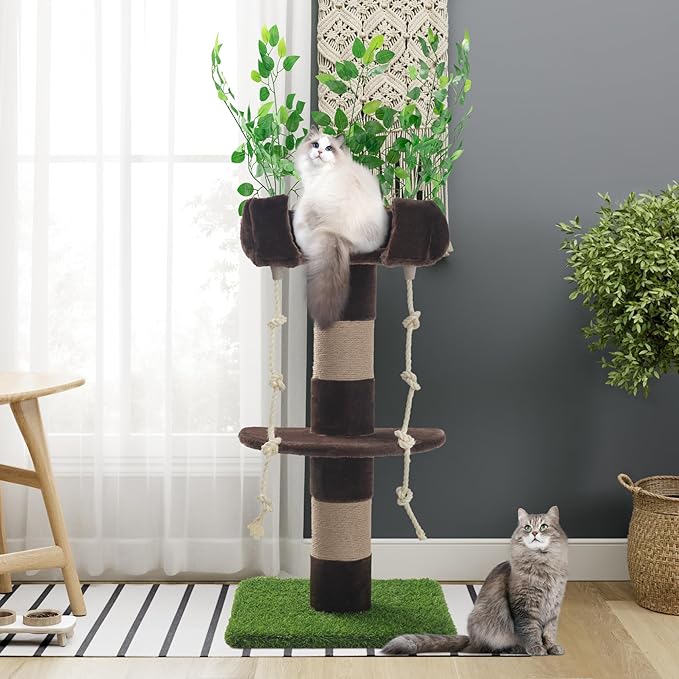 SHA CERLIN 55 Inches Cat Tree Tower with Leaves/Cozy Perches with Scratching Post for Indoor Kittens and Adults Cats/Sisal Rope and Simulated Lawn with Wide Base/Brown &amp; Green