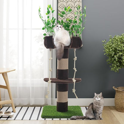 SHA CERLIN 55 Inches Cat Tree Tower with Leaves/Cozy Perches with Scratching Post for Indoor Kittens and Adults Cats/Sisal Rope and Simulated Lawn with Wide Base/Brown &amp; Green