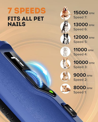 YABIFE 7-Speed Pet Nail Grinder with Light – Heavy Duty, Whisper Quiet Nail Trimmer for Dogs, Cats, Birds &amp; Small Animals – Single-Handed Operation