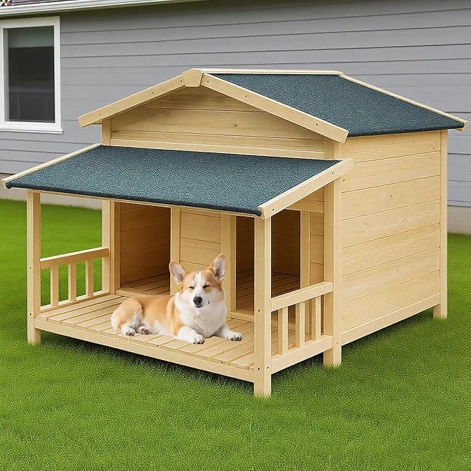 Large Outdoor Wooden Dog House – Weatherproof Double Kennel with Asphalt Roof &amp; Covered Porch, Ideal for Medium to Large Breeds