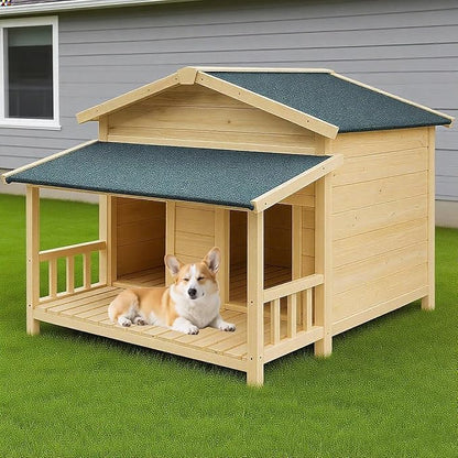 Large Outdoor Wooden Dog House – Weatherproof Double Kennel with Asphalt Roof &amp; Covered Porch, Ideal for Medium to Large Breeds