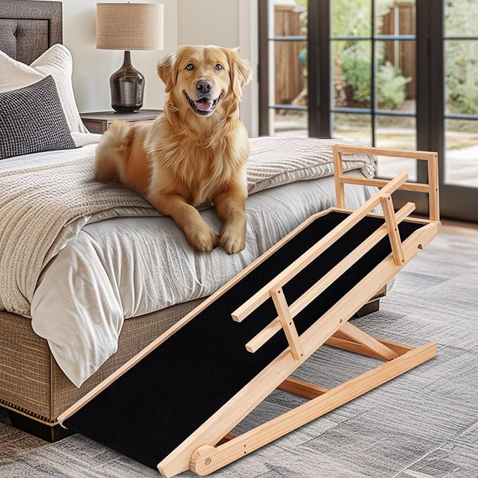 Dog Ramp, 5 Level Adjustable Height Folding Pet Ramp for High Bed, Portable Paw Ramps Large Bed Ramp for Medium &amp; Large Old Dogs &amp; Cats - Natural Wood Furniture Quality