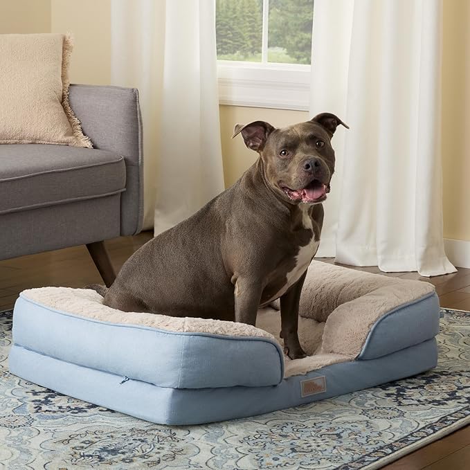 TOWN &amp; COUNTRY EVERYDAY CuddleTown Comfy Solid Bolster Sofa Pet Bed, Supportive &amp; Calming Egg Crate Foam, Non-Slip Bottom, Machine Washable Cover, Blue, Large 35"x25"x8"