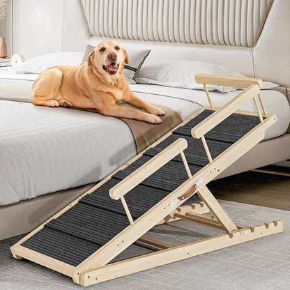 Dog Ramp for Couch, Bed or Car, Wooden 55" Long Pet Stairs for Small &amp; Large Old Dogs &amp; Cats, Hold up to 250lb, 6 Adjustable Height from 19.68" to 27.55" Portable Doggie Steps, Excellent Traction