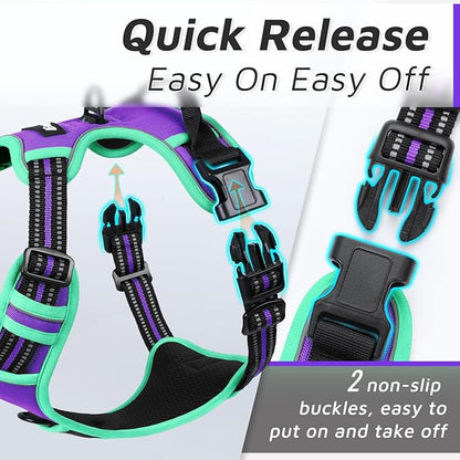 Eagloo Dog Harness for Large Dogs, No Pull Service Vest with Reflective Strips and Control Handle, Adjustable and Comfortable for Walking, No Choke Harness with 2 Metal Rings, Purple &amp; Green, M