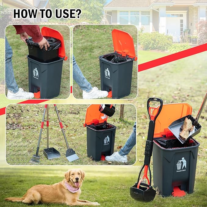 Pooper Scooper Set,Dog Poop Tray and Rake Set for Large &amp; Small Dogs Dog Pooper Scooper 15 Litre Step Dog Poop Trash Can Outside W/Removable Inner Bucket with 20 Waste Bags