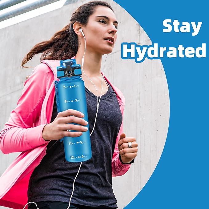 OLDLEY 32 oz Motivational Water Bottle with Time Marker, Sports Water Bottle With Strap, Leakproof &amp; BPA Free Large Water Bottle for School, Gym, Travel, Outdoor, Tritan, Blue