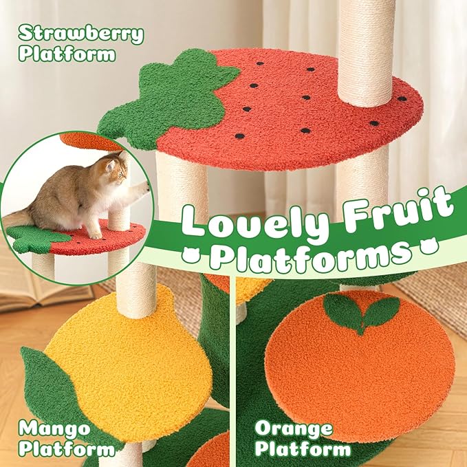 Happy &amp; Polly Cute Cat Tree - 48.4" Fruit World Cat Tower for Indoor Cats, Multi-Level Cat Condo with Sisal Scratching Posts, Private Cave, Plush Strawberry Perches, Perfect Cat Tree Activity Center