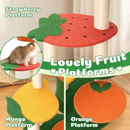 Happy &amp; Polly Cute Cat Tree - 48.4" Fruit World Cat Tower for Indoor Cats, Multi-Level Cat Condo with Sisal Scratching Posts, Private Cave, Plush Strawberry Perches, Perfect Cat Tree Activity Center