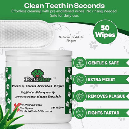 Dog Teeth Cleaning Wipes, Fights Plaque, Freshens Breath &amp; Promotes Gum Health, No-Rinse Finger Toothbrush, Gentle &amp; Naturally Safe, Completes Your Dog Tooth Brushing Kit, 50 Count