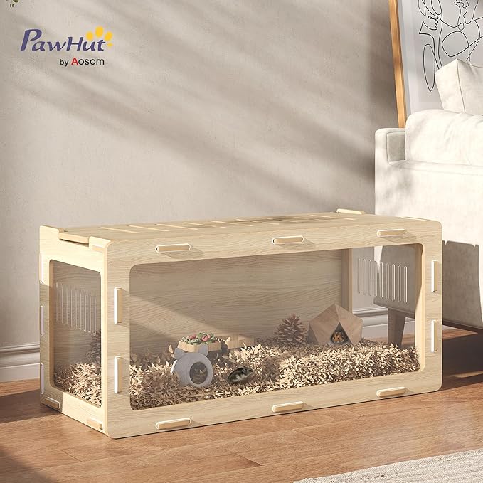 PawHut Hamster Cage with Easy View Acrylic Panels, Small Animal Cage with Air Vents &amp; Openable Roof, Large Habitat for Dwarf, Gerbil, Guinea Pig, Rat, 39" x 20" x 18.5", Oak