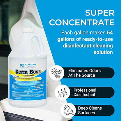 KINZUA ENVIRONMENTAL Germ Boss, Multipurpose Disinfectant Cleaner &amp; Deodorizer, Disinfectant Liquid Concentrate with Fresh Scent for Homes, Kennels, Institutional &amp; Industrial Strength, 1 Gal