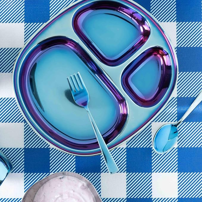 Ahimsa Stainless Steel Kids Utensils - Kids Fork and Spoon Set, Pediatrician Designed Toddler Utensils, 100% BPA Free &amp; Dishwasher Safe (Iridescent Blue)