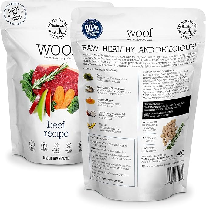 Woof Freeze Dried Dog Food - Beef Recipe, High Protein, Dog Food Topper &amp; Dog Treats, All Life Stages, 1.76 oz