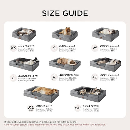 Bedsure L Plus Orthopedic Dog Bed for Large Dogs - Washable Dog Cat Bed Waterproof, L Plus Big Comfort Dogs Couch Sofa with Washable Removable Cover, Pet Bed with Nonskid Bottom, Grey, 38"