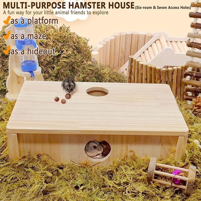 kathson Multi-Chamber Hamster Maze House,Wooden Syrian Hamster Maze Hideout,Small Pets Habitats Decor,6-Room Hideouts &amp; Tunnel Exploring Toys for Dwarf Hamsters,Gerbils,Mice,Lemmings,Mouse