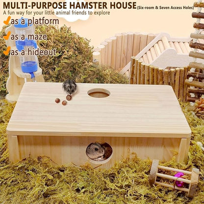 kathson Multi-Chamber Hamster Maze House,Wooden Syrian Hamster Maze Hideout,Small Pets Habitats Decor,6-Room Hideouts &amp; Tunnel Exploring Toys for Dwarf Hamsters,Gerbils,Mice,Lemmings,Mouse