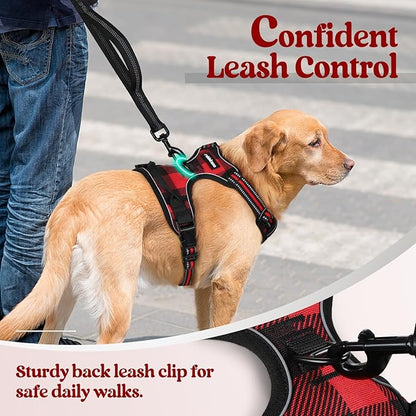 rabbitgoo Dog Harness No Pull with 2 Leash Clips, Adjustable Soft Padded, Reflective Oxford No Choke Pet Vest with Easy Control Handle for Large Dogs, Red Plaid, L
