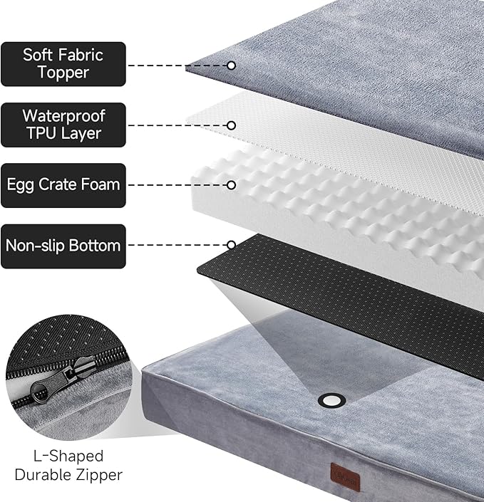OhGeni Orthopedic Waterproof &amp; Machine Washable Dog Bed for Large Pets, Suitable for Crates, 25D Egg Crate Foam, Non-Slip Bottom &amp; Removable Cover, Flannel Fabric, 41 Inches(Gray)