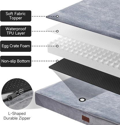 OhGeni Orthopedic Waterproof &amp; Machine Washable Dog Bed for Large Pets, Suitable for Crates, 25D Egg Crate Foam, Non-Slip Bottom &amp; Removable Cover, Flannel Fabric, 41 Inches(Gray)