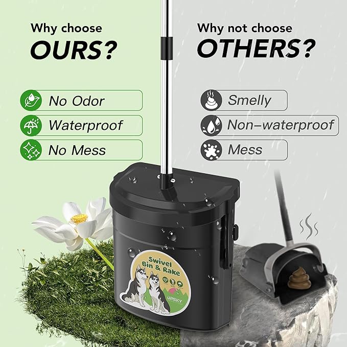 UPSKY Dog Pooper Scooper Swivel Bin &amp; Rake Kit with 100 Waste Bags,33.4" Stainless Steel Long Handle Heavy Duty Pet Poop Shovel for Large Medium Small Dogs, Odor-Proof Lid for Yard/Lawn/Outdoor Use