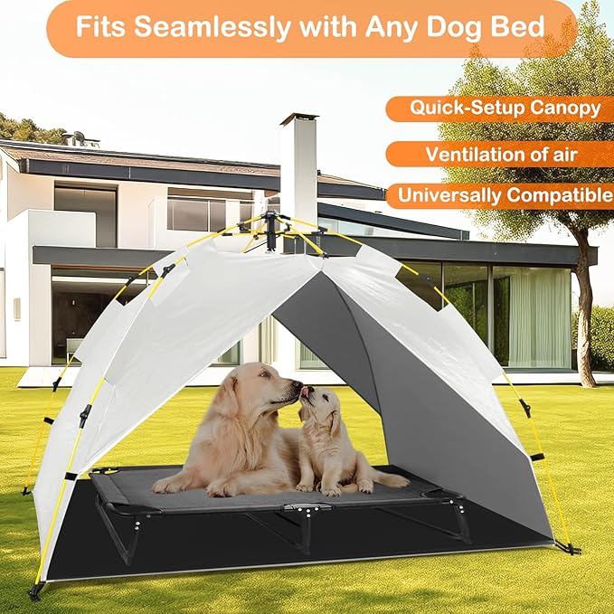Canopy Shade Tent for Large XL XXL Jumbo Elevated Raised Dog Bed Cots, Quick Setup &amp; No Assembly Needed, Outside Outdoor Cooling Camping Pet Sun Umbrella, Gray 70"X55" (Cots Not Included)