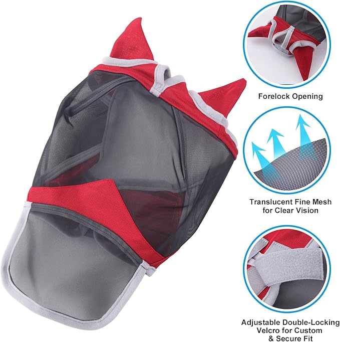 Horse Fly Mask with Ears &amp; Long Nose Cover | Forelock Opening for Tangle-Free Mane Care | UV Protection &amp; Breathable Mesh | No Rub Fit and Enhanced Visbility for Trail Riding Red Full