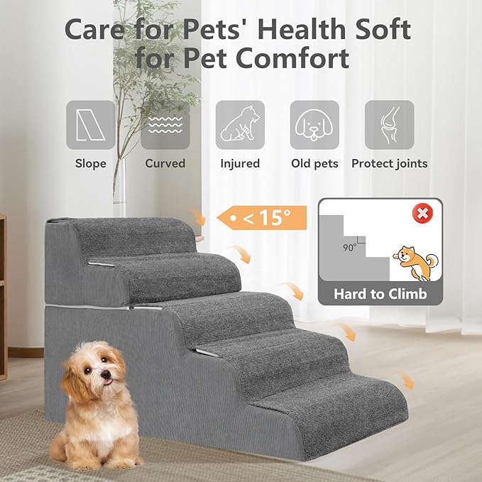 𝟱 𝗦𝘁𝗲𝗽𝘀 Dog Stairs for High Beds, 21.3" Tall Pet Steps for Small to Large Dogs &amp; Cats, Waterproof with Removable Cover &amp; PE Support Board for Bed, Couch, or Car