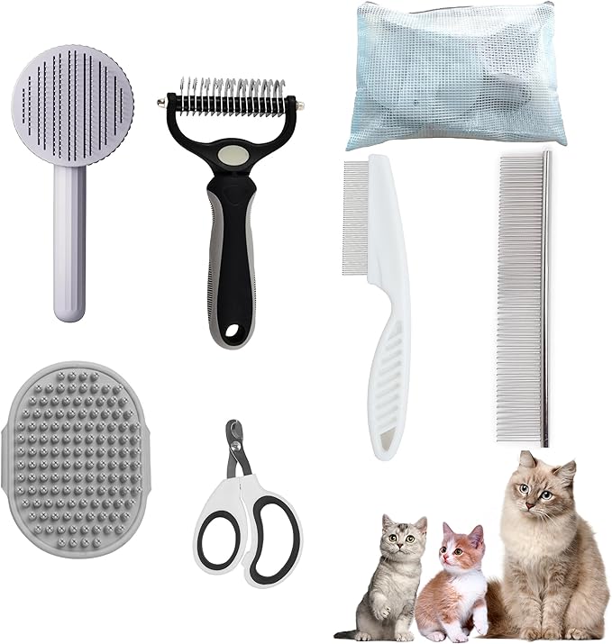 Cat Grooming Brush Kit 6 Tools - Deshedding &amp; Dematting for Long/Short Hair, Self-Cleaning Slicker Brush with 6-in-1 Flea Comb for Cats &amp; Kittens (White)