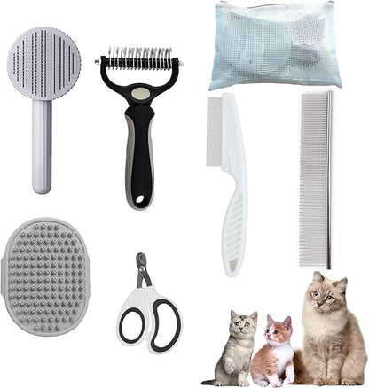 Cat Grooming Brush Kit 6 Tools - Deshedding &amp; Dematting for Long/Short Hair, Self-Cleaning Slicker Brush with 6-in-1 Flea Comb for Cats &amp; Kittens (White)
