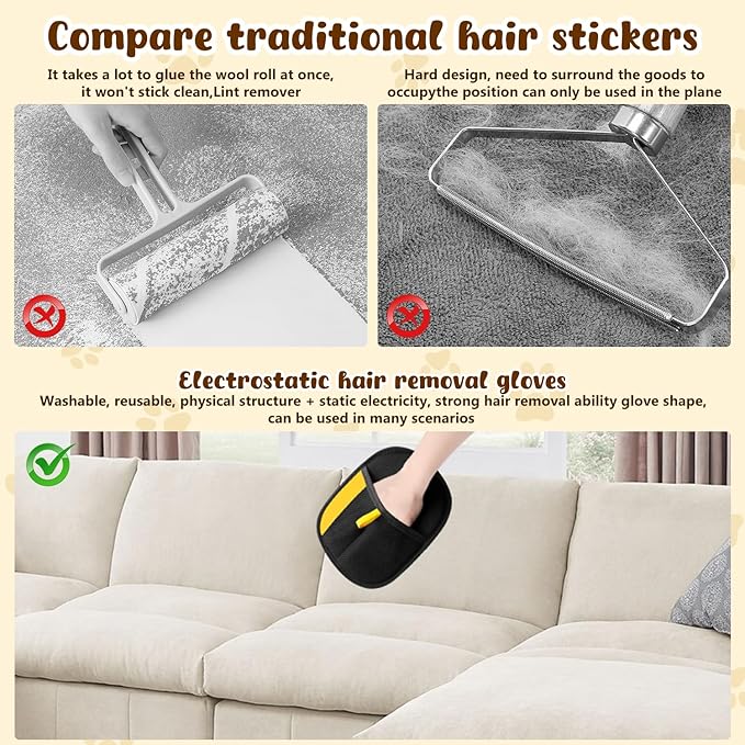 KLIFE 2Pcs Pet Hair Remover Glove for Cats &amp; Dogs, Electrostatic Pet Hair Removal Gloves, Reusable Double Sided Pet Hair Remover for Couch, Furniture, Carpet, Car Seat