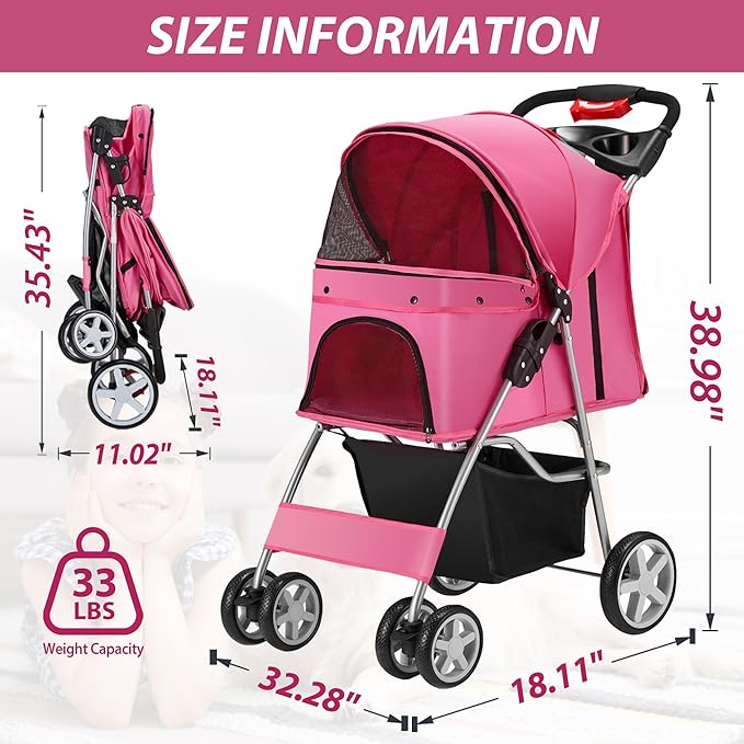 4 Wheels Pet Stroller for Small Medium Dogs Cats 10-33 lbs, Foldable Dog and Cat Stroller with Cup Holder &amp; Storage Basket &amp; Breathable Mesh, Pet Strolling Cart for All-Season, Pink
