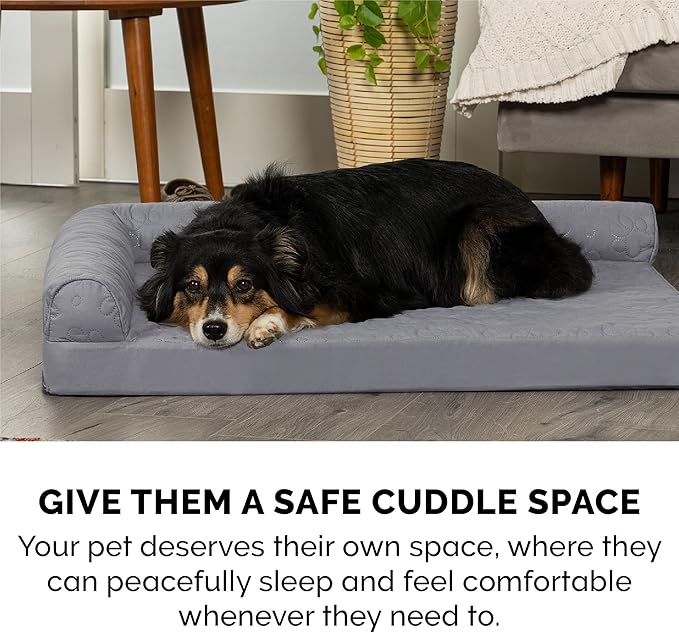 Furhaven Cooling Gel Dog Bed for Large Dogs w/ Removable Bolsters &amp; Washable Cover, For Dogs Up to 95 lbs - Pinsonic Quilted Paw L Shaped Chaise - Titanium, Jumbo/XL
