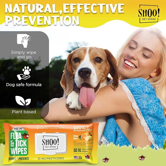 Shoo! Flea &amp; Tick Wipes for Dogs | Convenient, Easy On-The-Go Protection | Plant Based, Natural Oils, Chemical Free | Repels &amp; Prevents | 50 XL Wipes | (Citrus Burst)