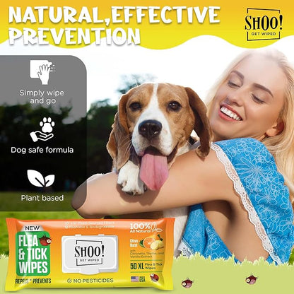 Shoo! Flea &amp; Tick Wipes for Dogs | Convenient, Easy On-The-Go Protection | Plant Based, Natural Oils, Chemical Free | Repels &amp; Prevents | 50 XL Wipes | (Citrus Burst)