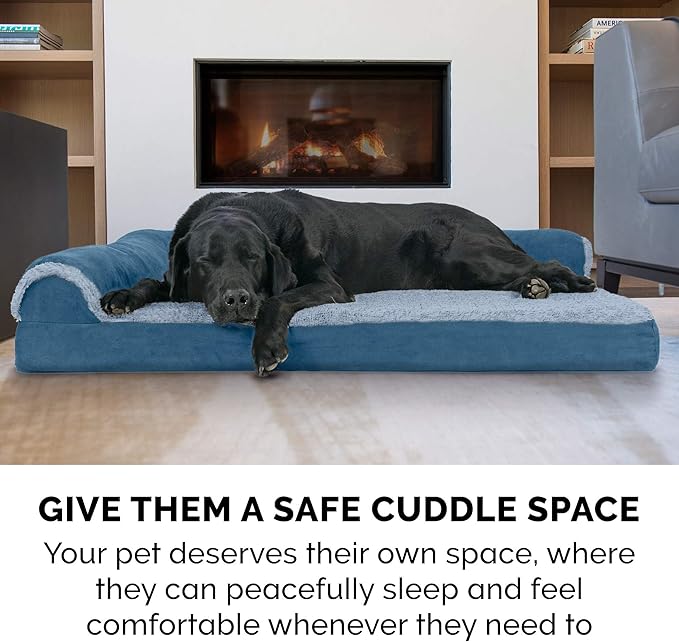 Furhaven Cooling Gel Dog Bed for Large Dogs w/ Removable Bolsters &amp; Washable Cover, For Dogs Up to 95 lbs - Two-Tone Plush Faux Fur &amp; Suede L Shaped Chaise - Marine Blue, Jumbo/XL
