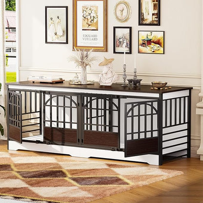 COZPAW 86 Inch Double Dog Crate Furniture for 2 Large Dogs, Decorative Dog Kennel Indoor TV Stand, Heavy Duty Wooden Dog Cage for Large Medium Dogs Sized Dog Pet House with Divider (White)