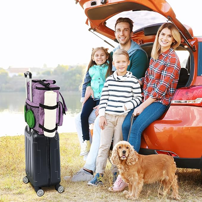 Modoker Dog Travel Organizer Carriers for Supplies &amp; Accessories, Airline Approved Cat Pet Travel Bag, 2 Collapsible Bowls, 2 Travel Dog Food Container, Purple