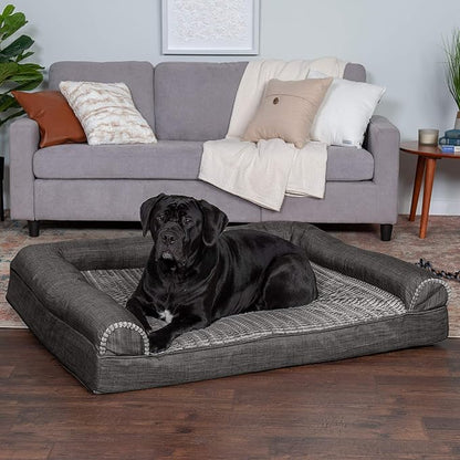 Furhaven Cooling Gel Dog Bed for Large Dogs w/ Removable Bolsters &amp; Washable Cover, For Dogs Up to 125 lbs - Luxe Faux Fur &amp; Performance Linen Sofa - Charcoal, Jumbo Plus/XXL