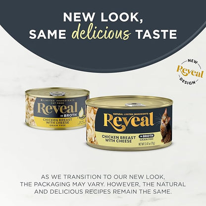 Reveal Natural Wet Cat Food, 24 Count, Grain Free, Limited Ingredient Canned Food for Cats, Chicken Breast with Cheese in Broth, 2.47 oz Cans